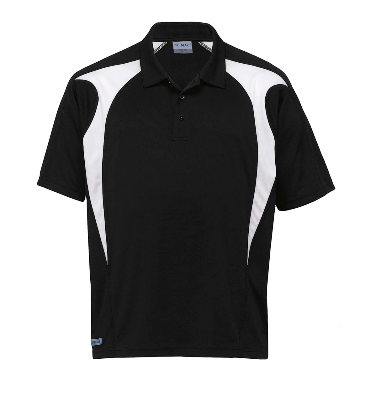 A black polo shirt with white spliced design and a collar, featuring a logo.