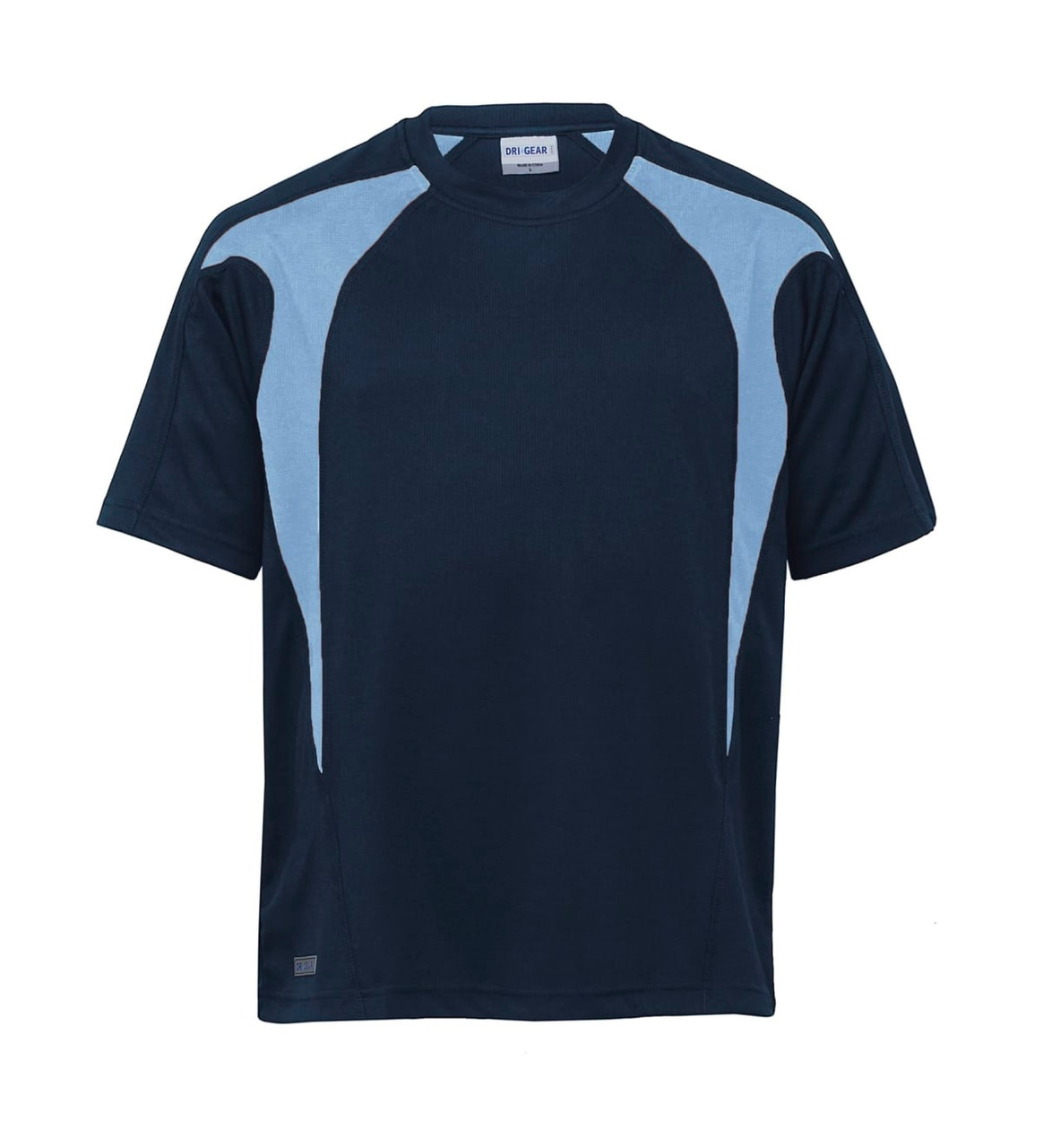 A short-sleeved t-shirt in dark navy with light blue spliced panels. It features a logo on the lower front.