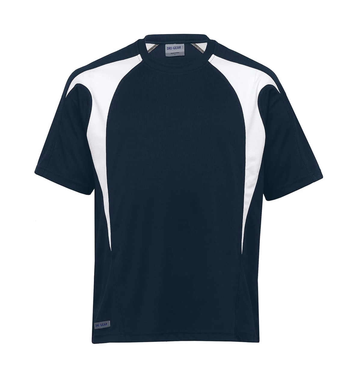 A navy and white T-shirt with a sporty design and a logo on the label.