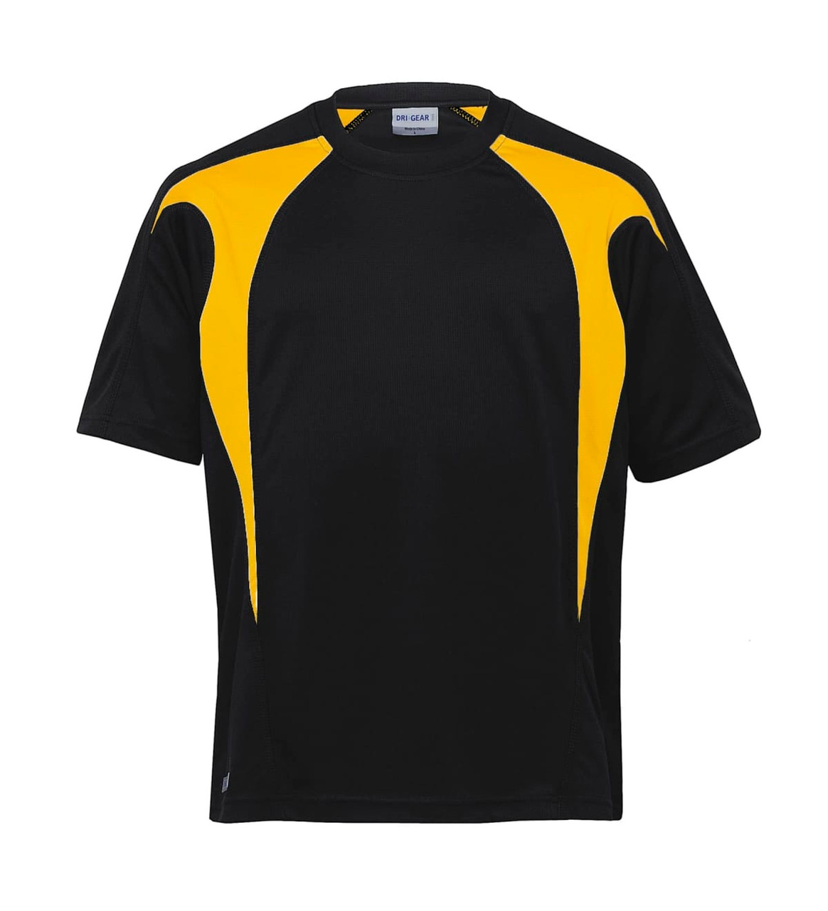 A black and yellow youth t-shirt featuring spliced design elements and a logo on the label.