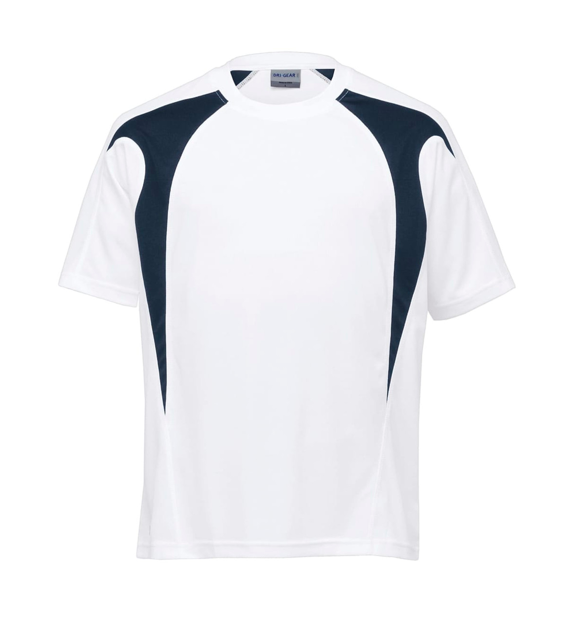 A white T-shirt with navy spliced accents and a logo on the front. Suitable for youth activities.