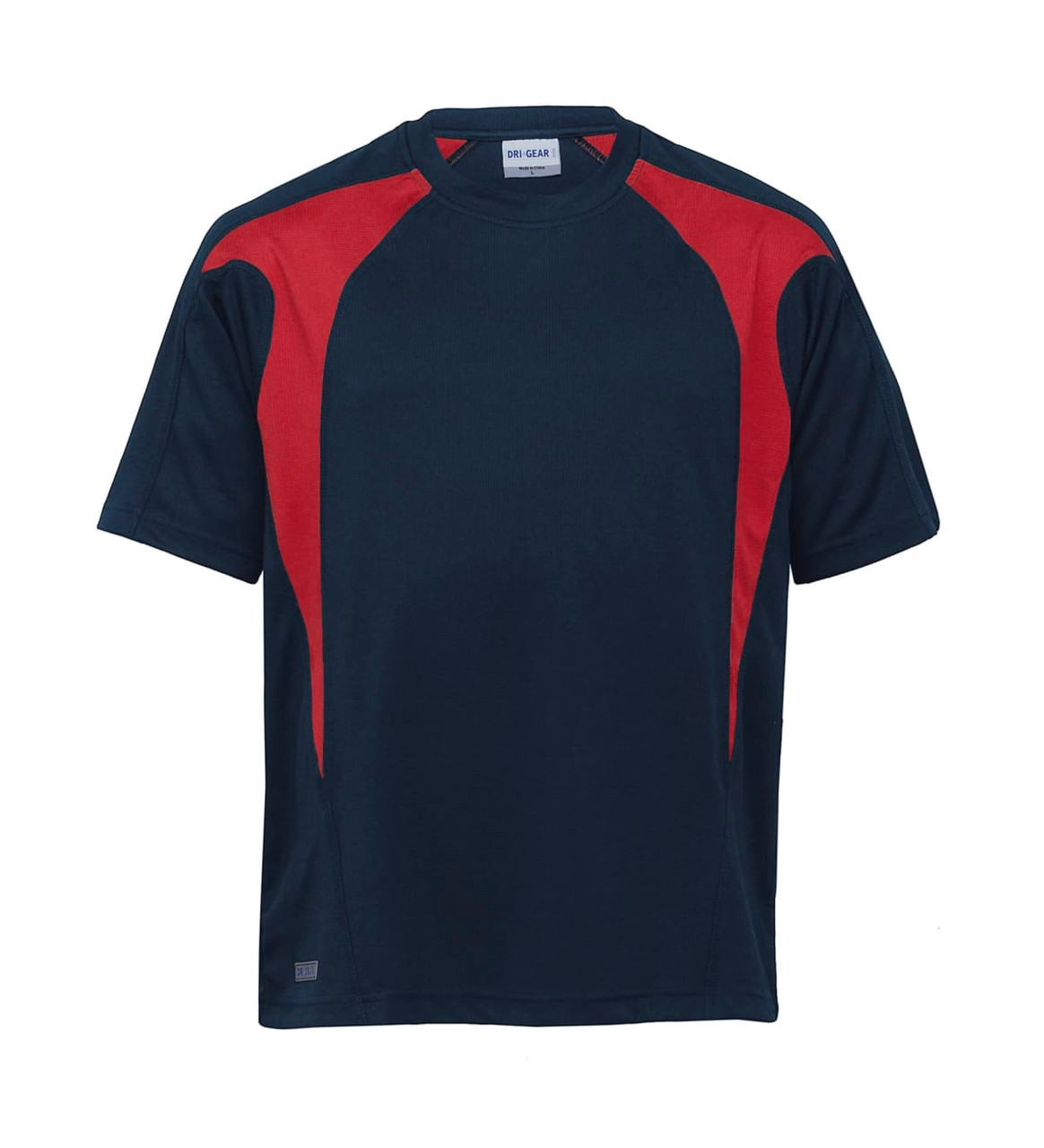 A navy blue t-shirt with red spliced accents and a logo on the lower side.