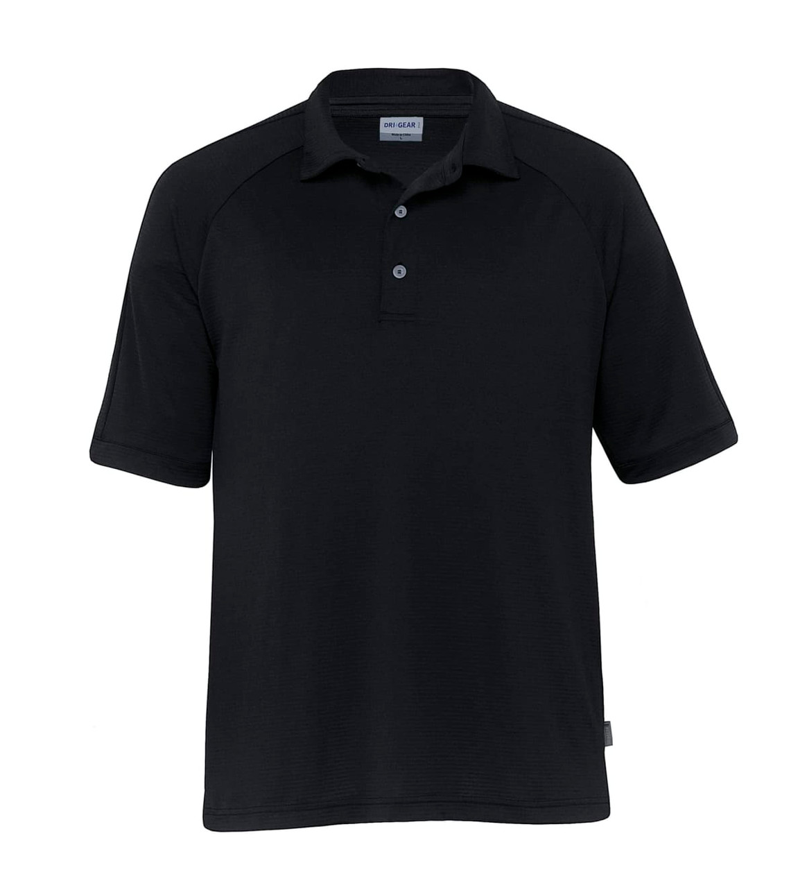 A black men's polo shirt with a collar, featuring short sleeves and a small logo.