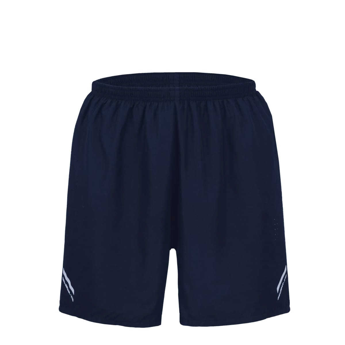 Navy sports shorts featuring an elastic waistband and a logo on the side.