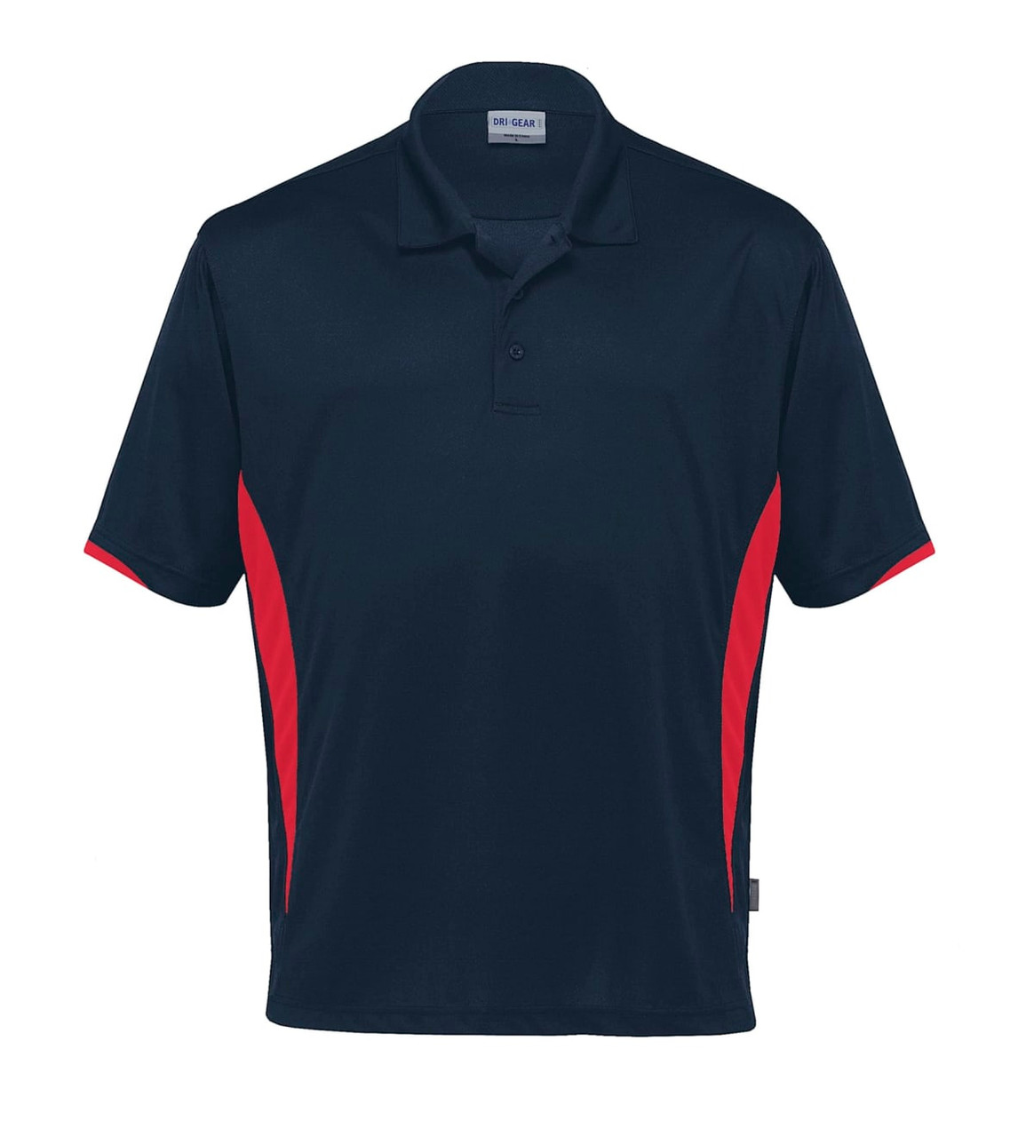 A navy polo shirt with red side panels, featuring a logo on the chest.