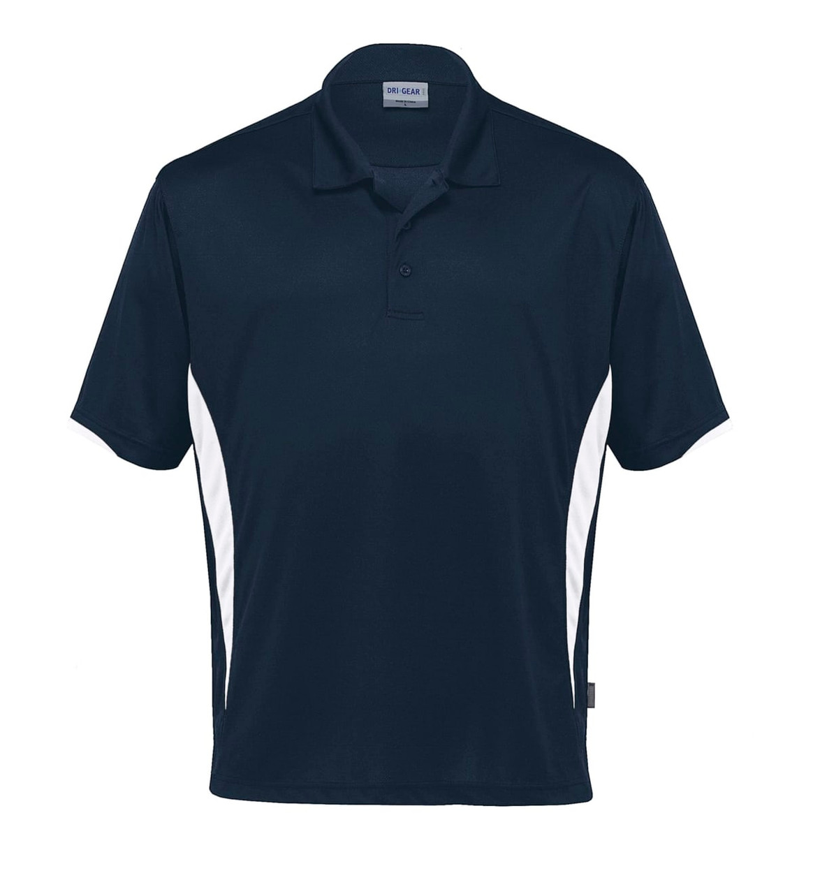 A navy polo shirt featuring white side panels and a collar, with a logo at the front.