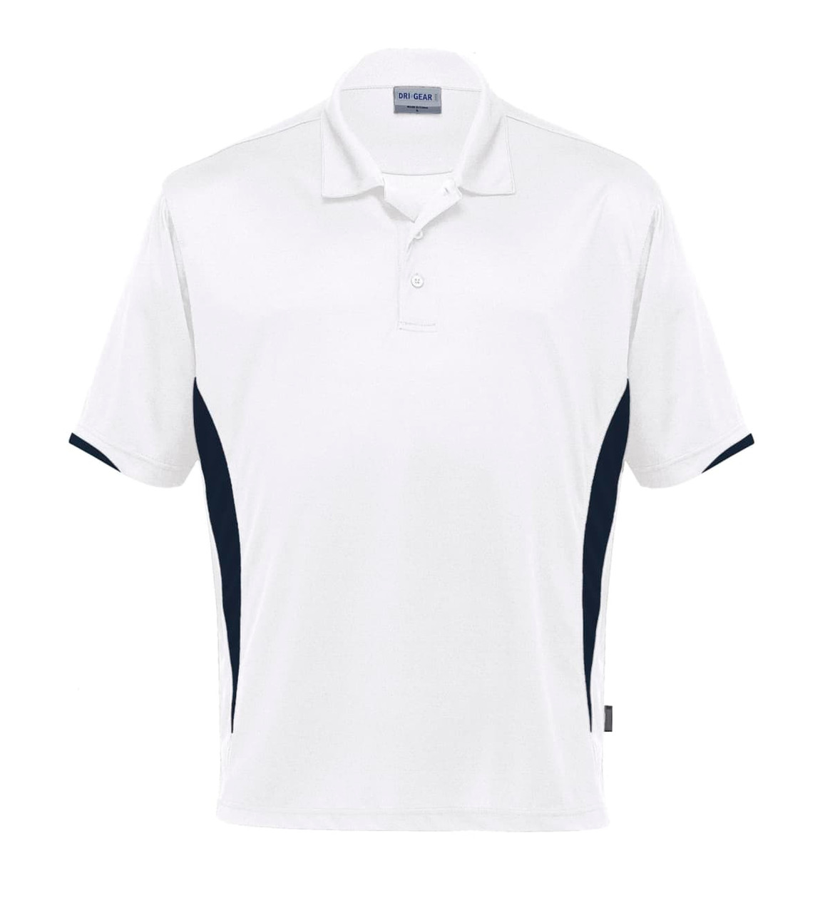 A white polo shirt featuring navy accents, with a collar and a logo on the chest.