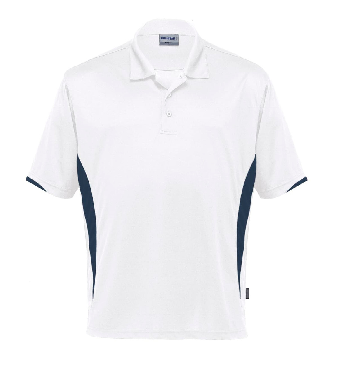 A white polo shirt with navy side panels and a logo on the chest. Short-sleeved and made of moisture-wicking fabric.