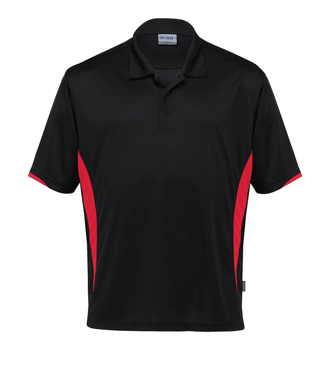 A black polo shirt with red side panels, featuring a collar and a logo on the upper part.
