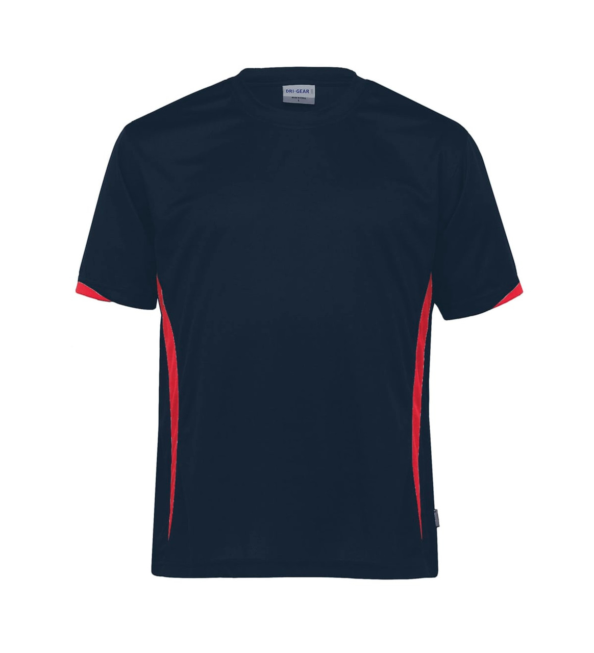 A navy blue t-shirt with red side stripes and a logo, made from moisture-wicking fabric.