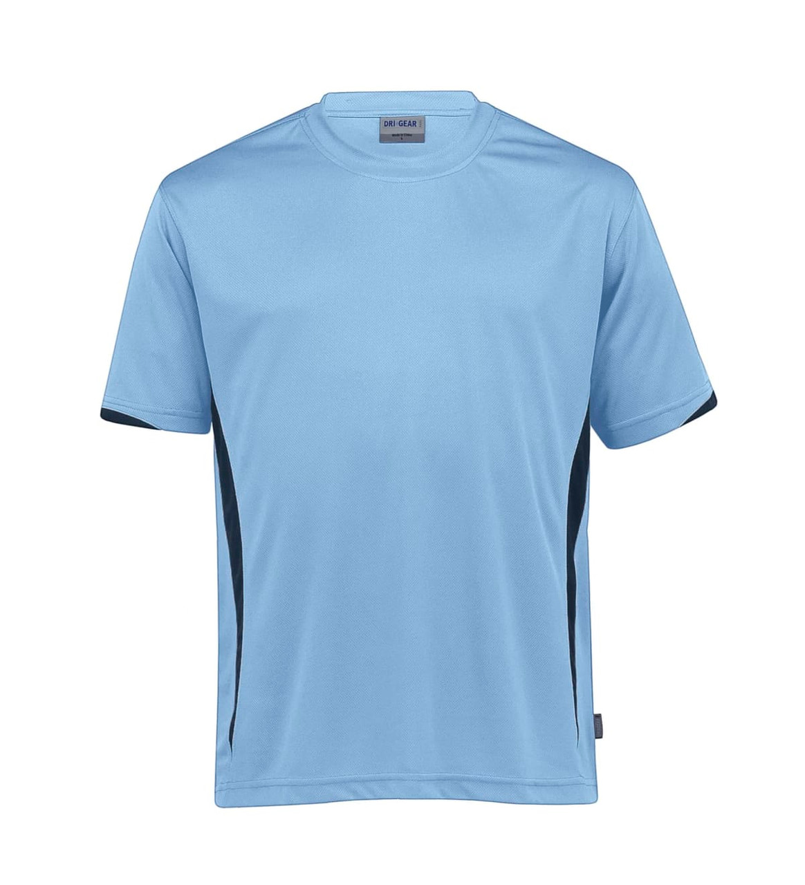 A light blue t-shirt with black side accents and a logo on the chest. Suitable for youth sports and casual wear.