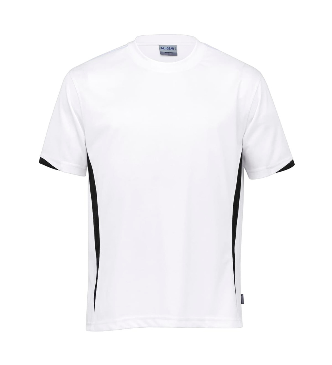 A white T-shirt with black side accents and short sleeves, featuring a logo.