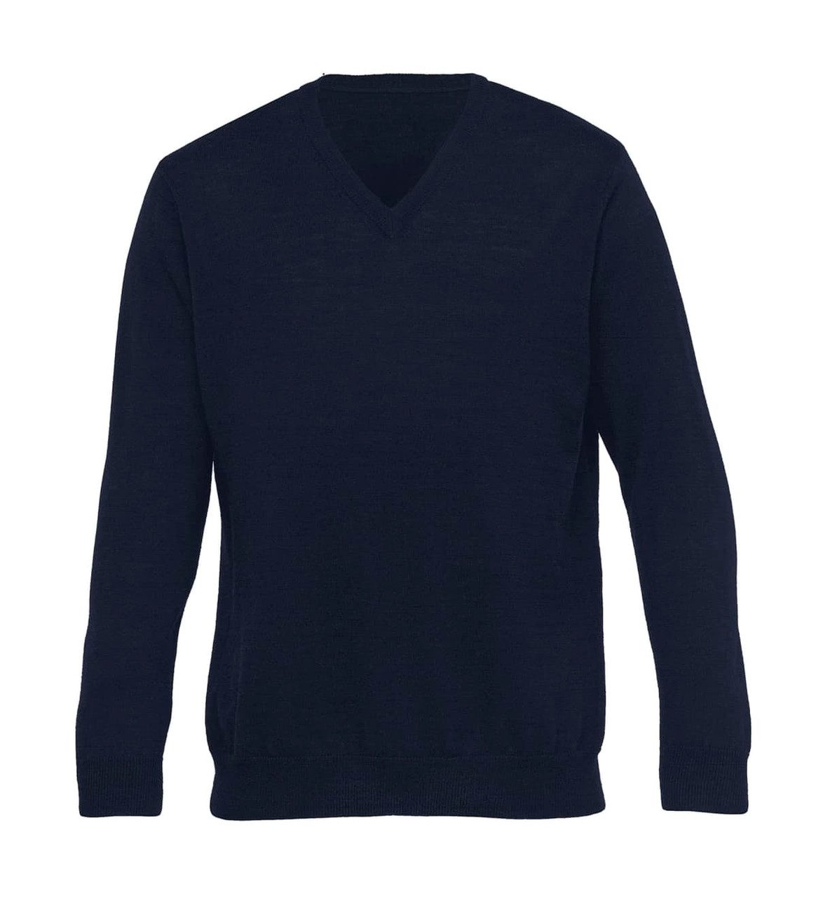 A dark navy Merino wool Vee pullover sweater featuring long sleeves and a classic fit.