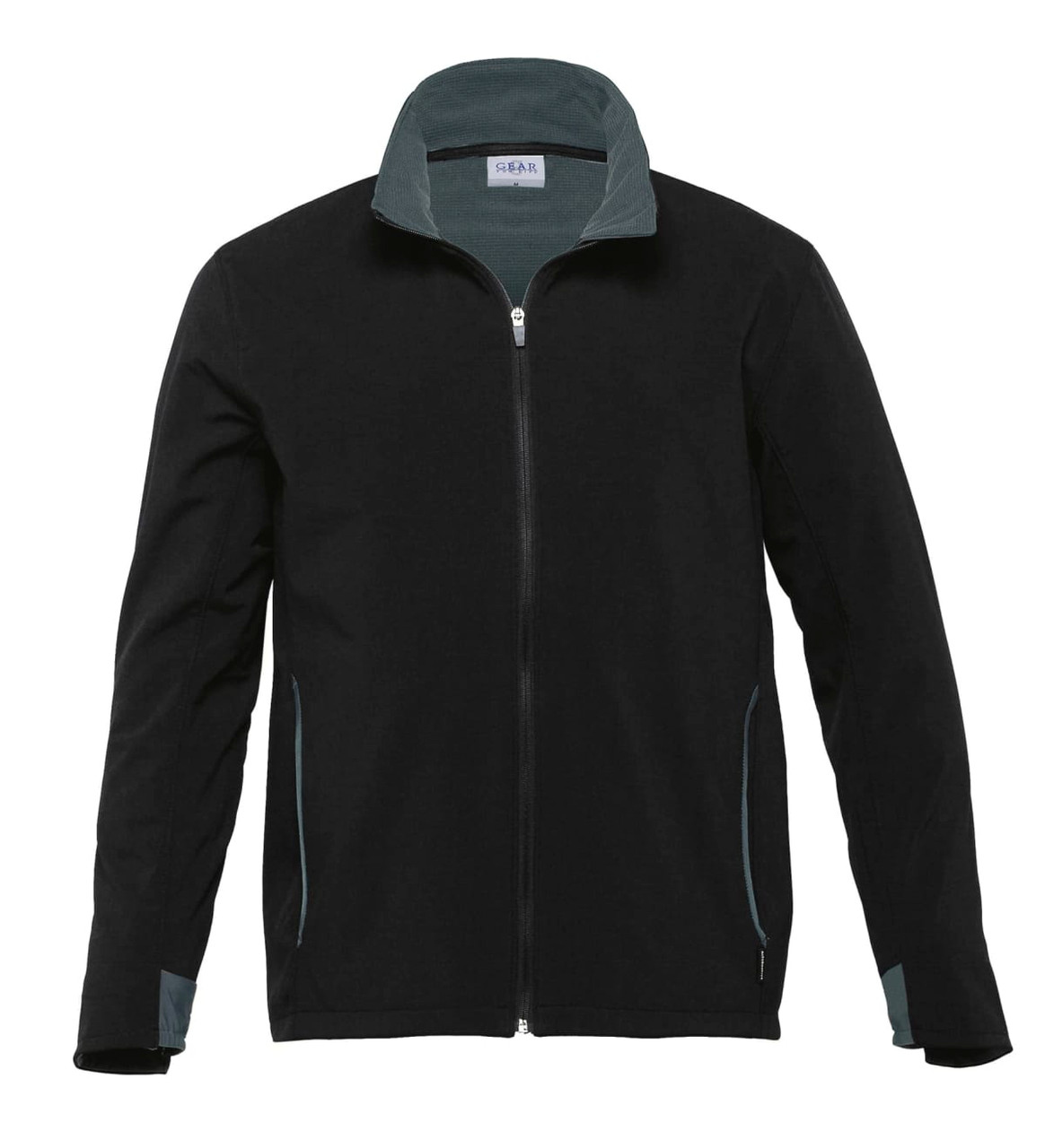 A black soft shell jacket for men with a zip closure and contrasting grey trim. Features a collar and has a logo.