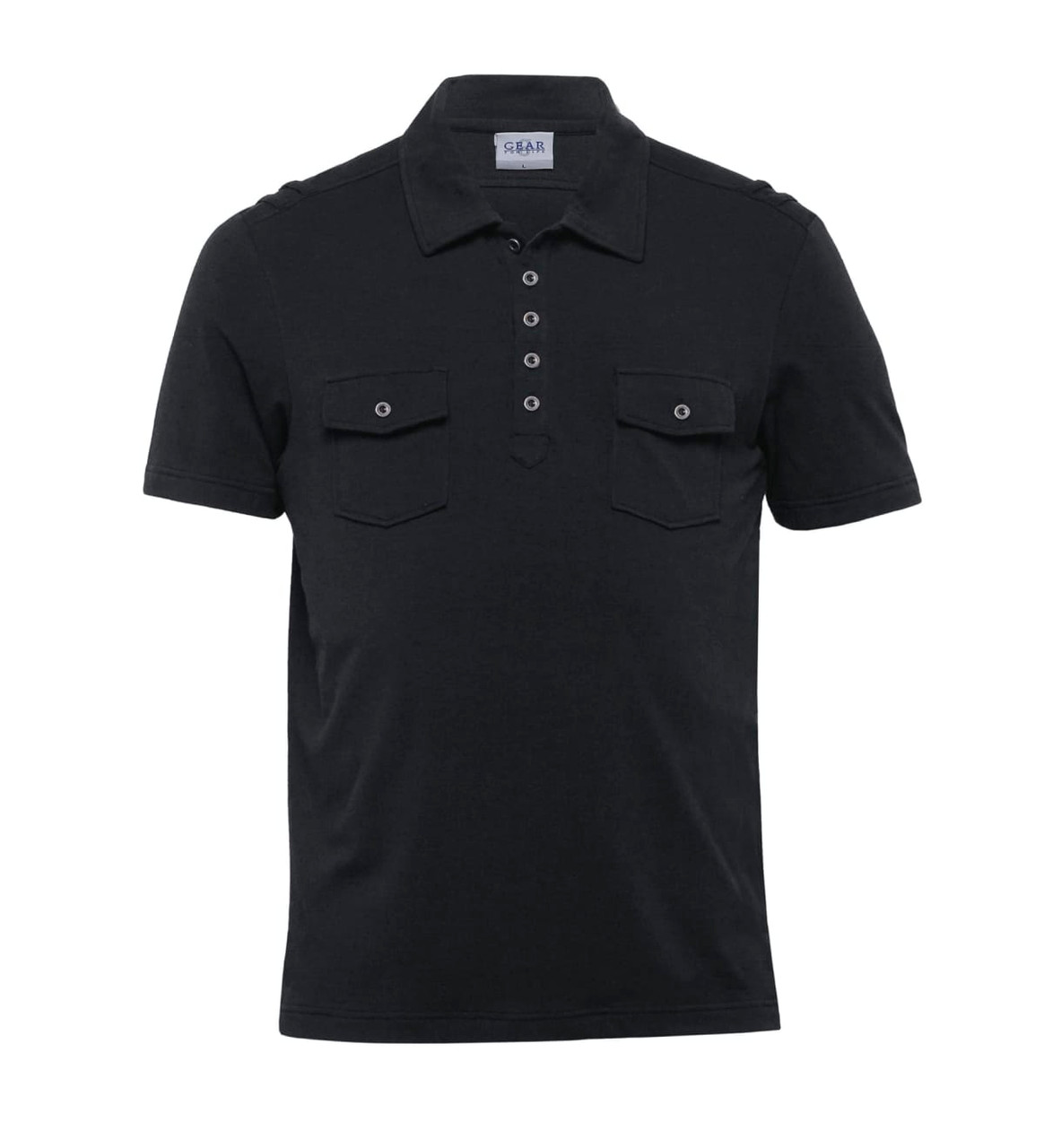 A black men's polo shirt featuring two chest pockets and a logo on the collar.
