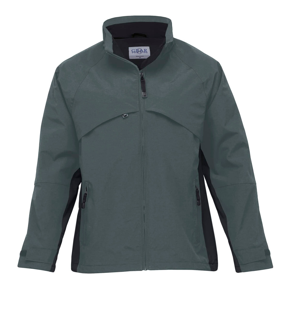 A rain jacket in dark grey with black accents, featuring a zip front and pockets and a logo on the chest.