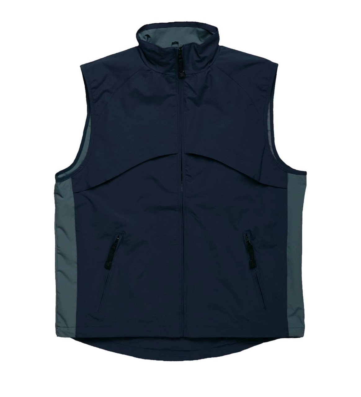 A navy and grey vest with a high collar and zippered pockets, featuring a logo.