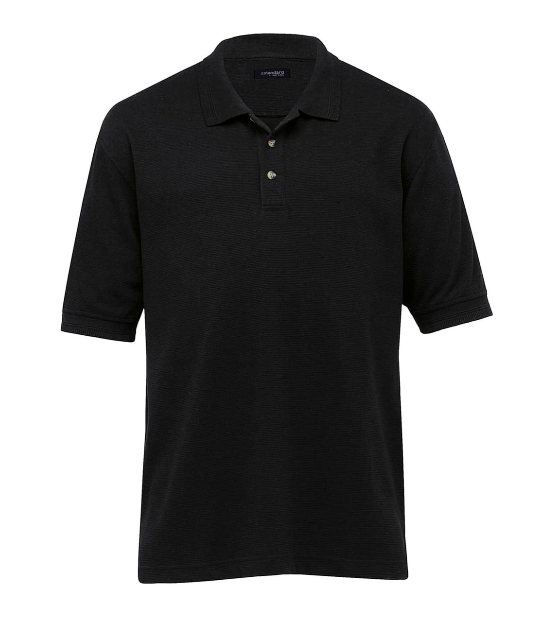 A black Jacquard Ottoman Balmoral polo shirt for men featuring a logo, with short sleeves and a classic collar.
