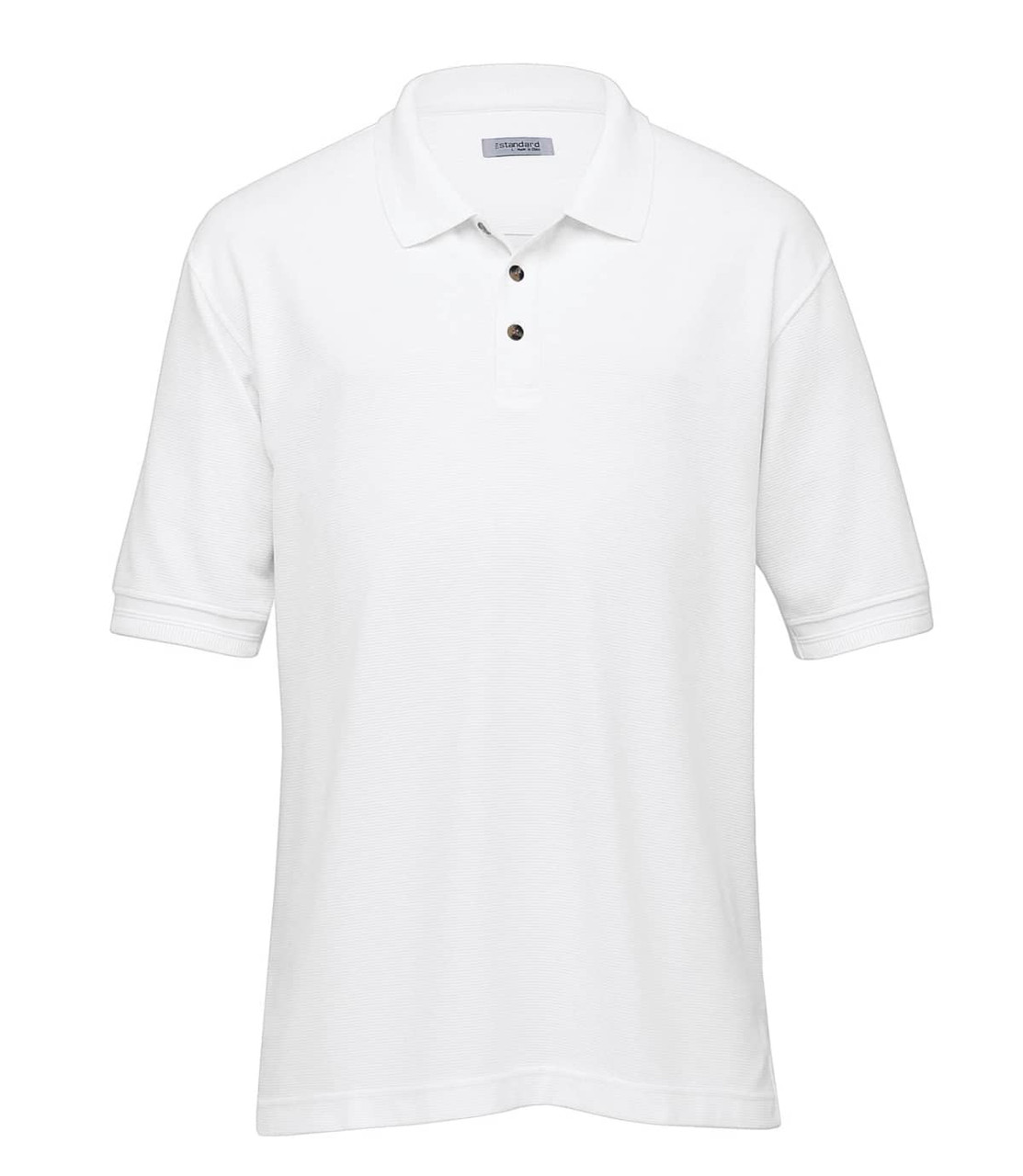 A white Jacquard Ottoman Balmoral polo shirt for men with a three-button placket and short sleeves. It has a logo.