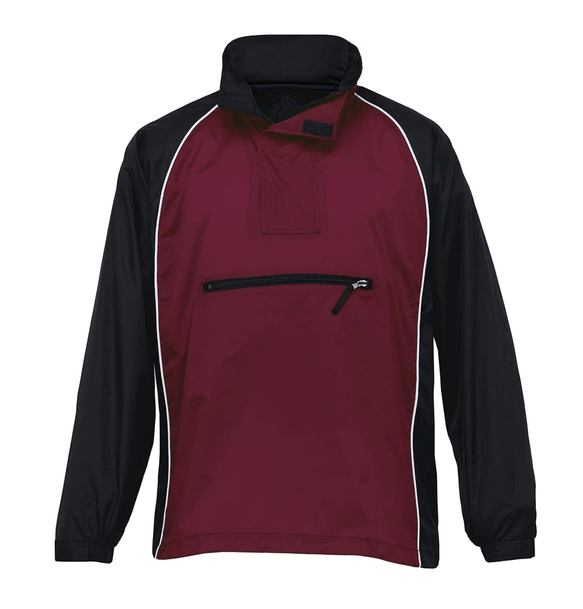 A maroon and black Nylon Jac Pac jacket featuring a zip pocket and a high collar. It has a logo on the front.