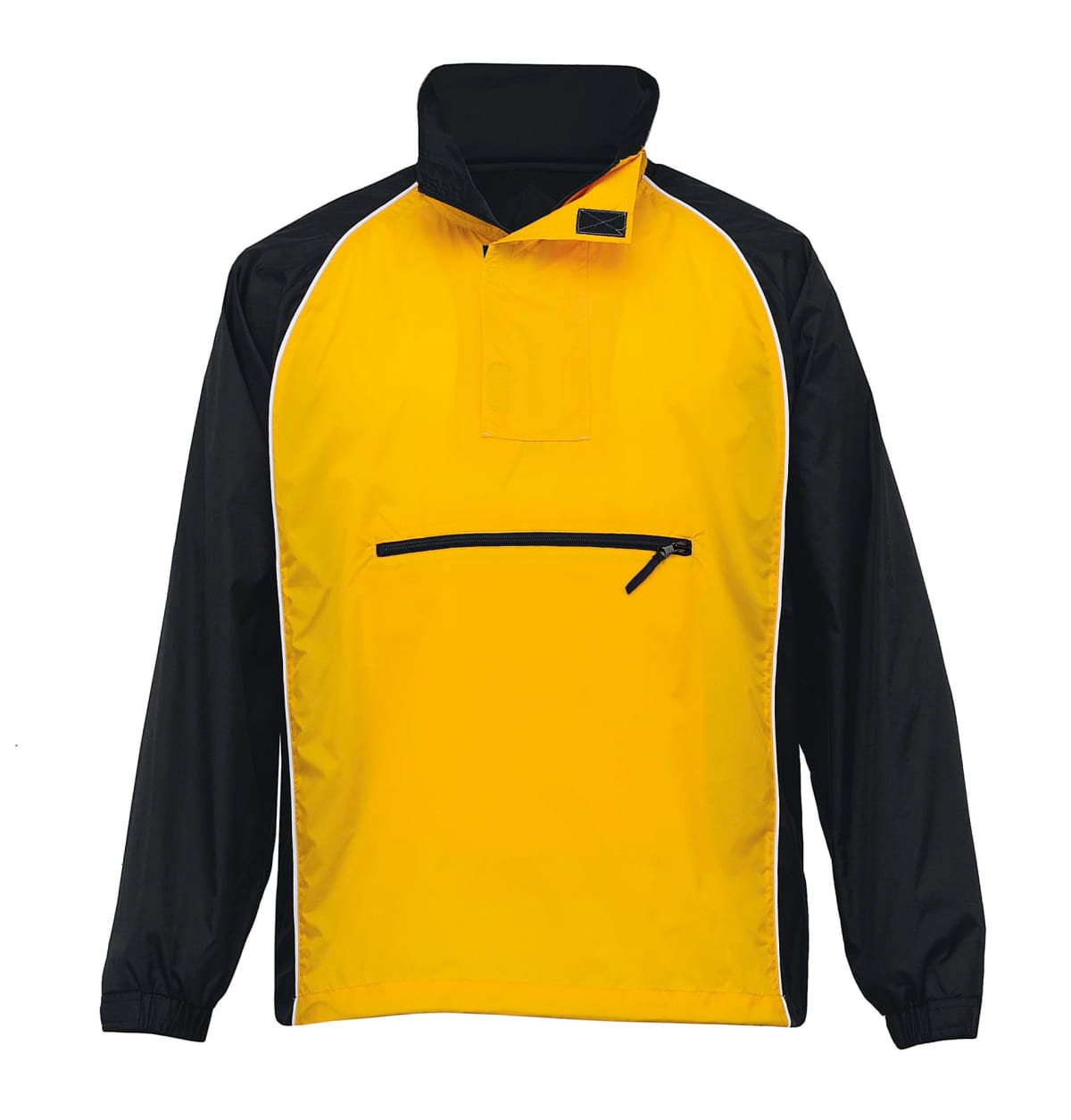 A yellow and black rain jacket with a half-zip front and a small zip pocket, featuring a logo.
