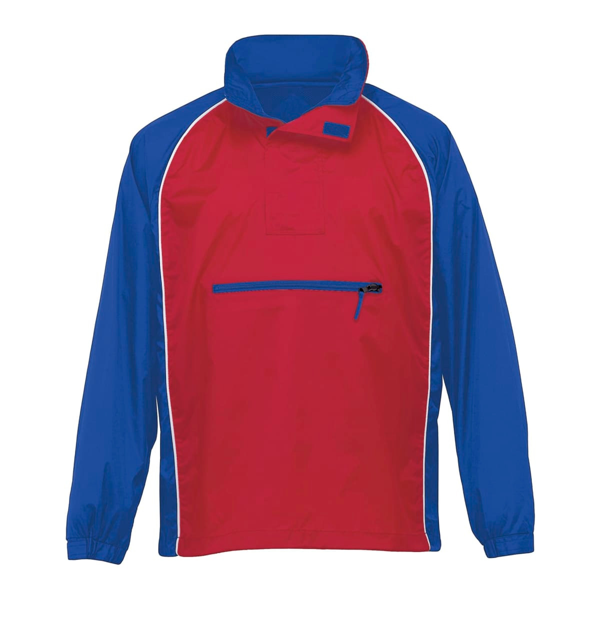 A red and blue youth nylon Jac Pac jacket featuring a zip pocket and a collar, equipped with a logo.