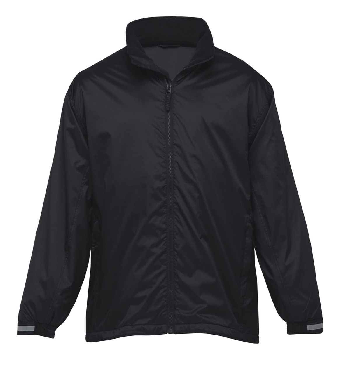 A black manager's jacket featuring a full zip and reflective accents on the sleeves. Includes branding.
