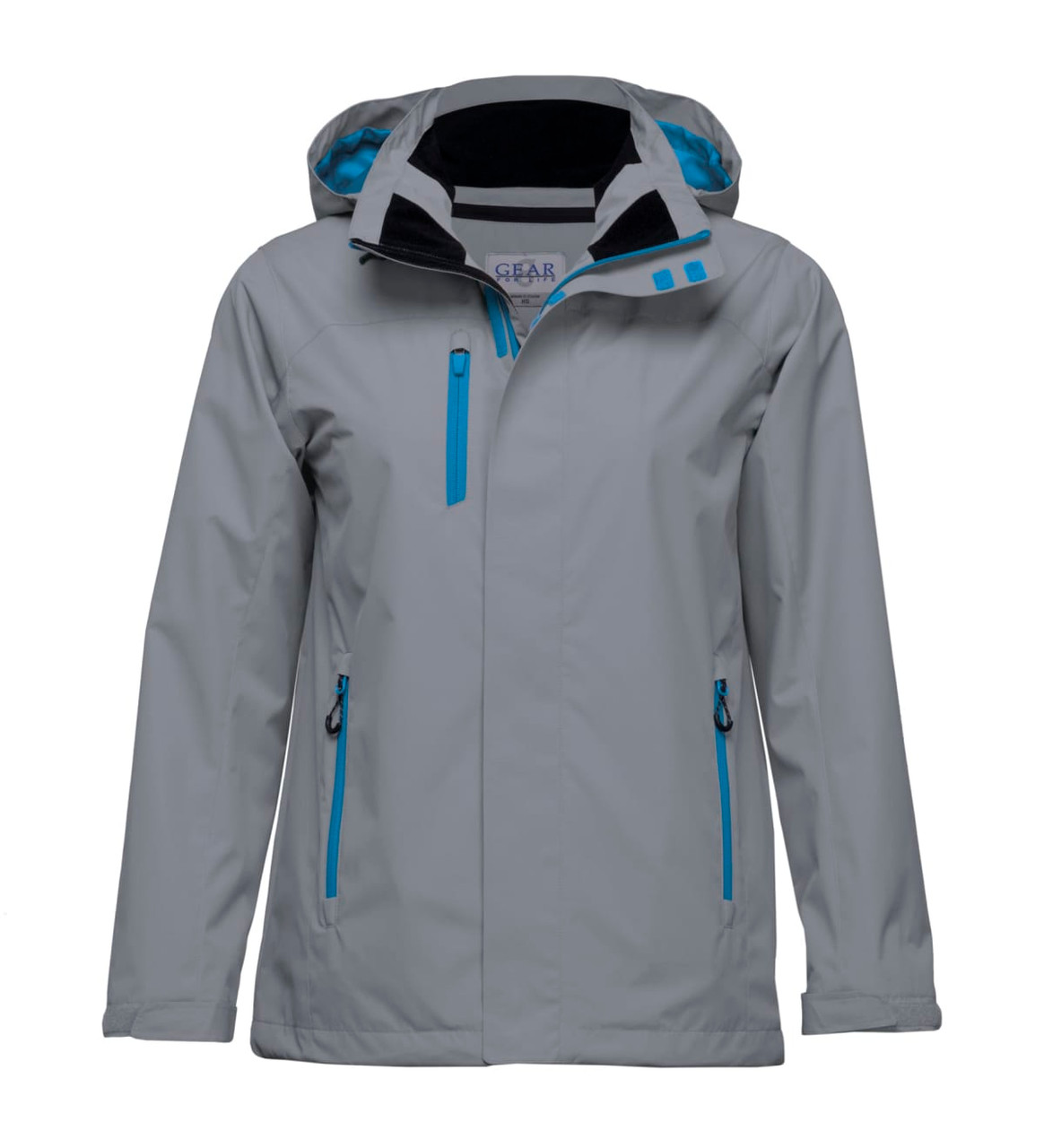 A soft shell jacket in grey with blue accents, featuring a hood and zippered pockets. Includes a logo.