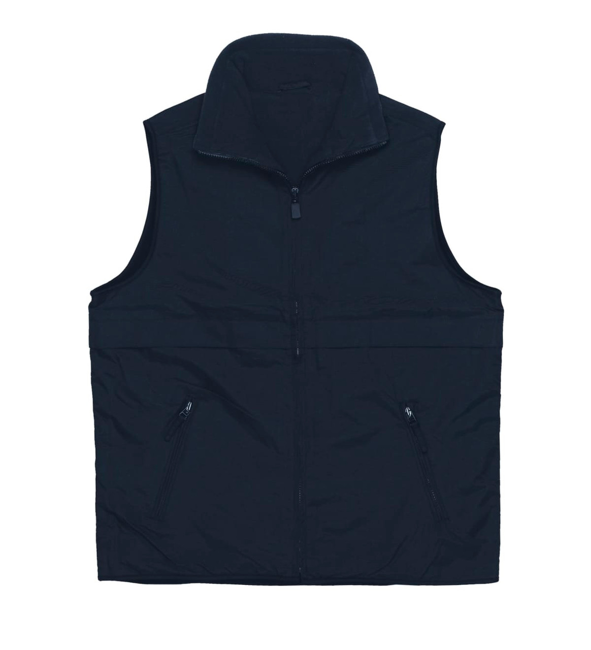 A black nylon vest with a zip front and two side pockets, featuring a high collar and a logo.