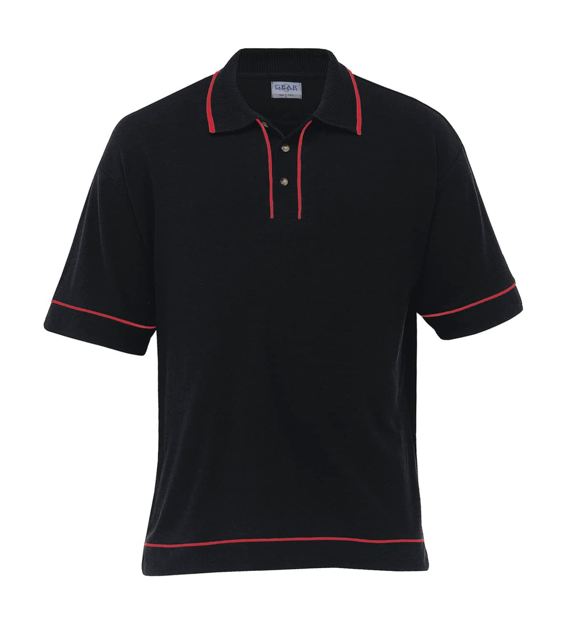 A black polo shirt featuring red detailing, with short sleeves and a three-button placket. It has a logo on it.