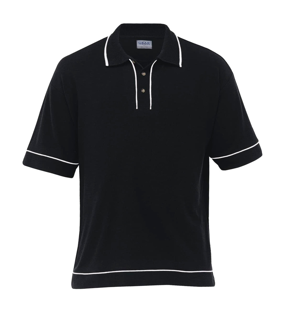 A black retro waffle polo shirt featuring white trim and buttons, with a small logo on the front.