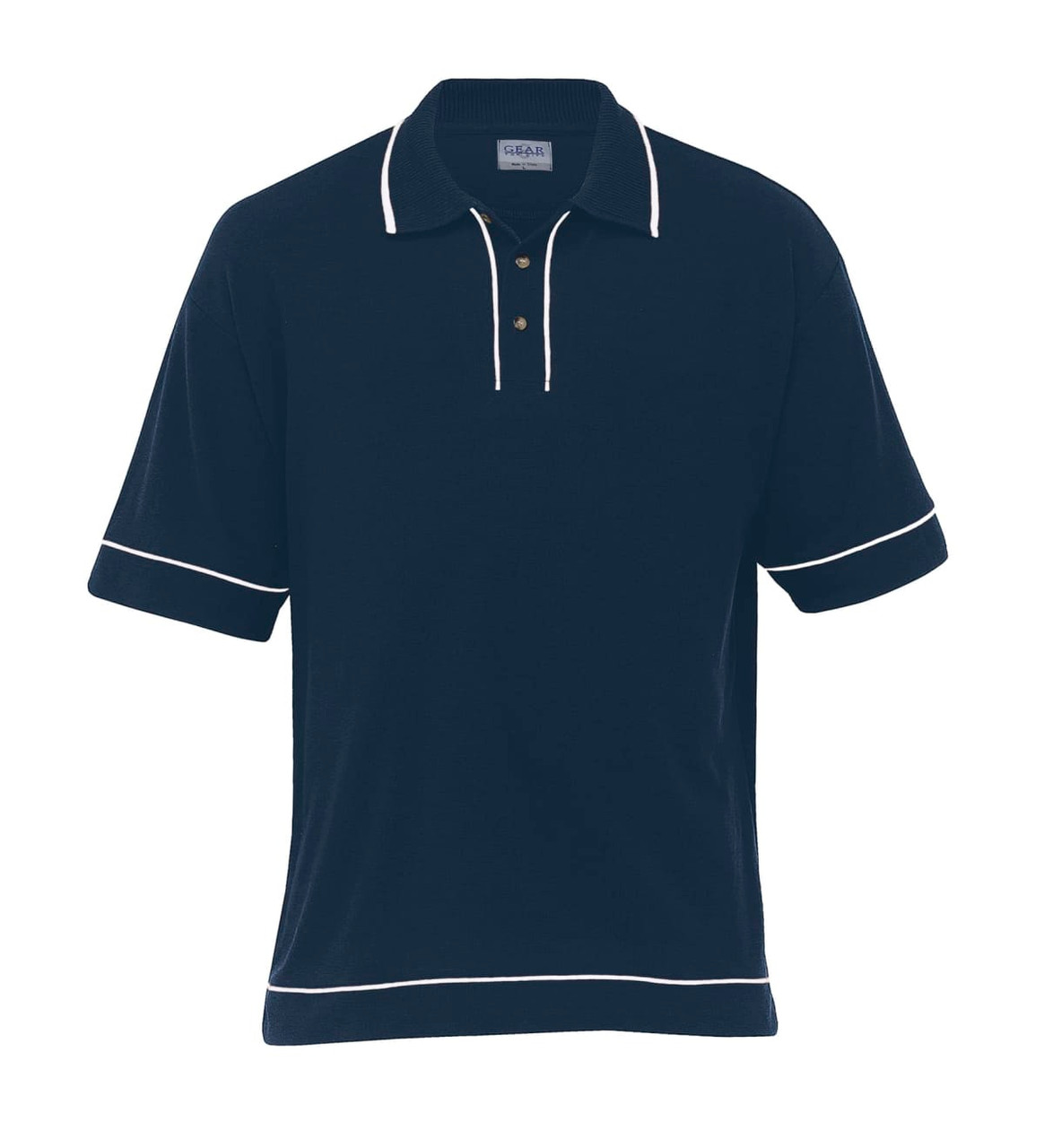 A navy blue polo shirt featuring white piping, with a classic collar and three buttons, and a logo.