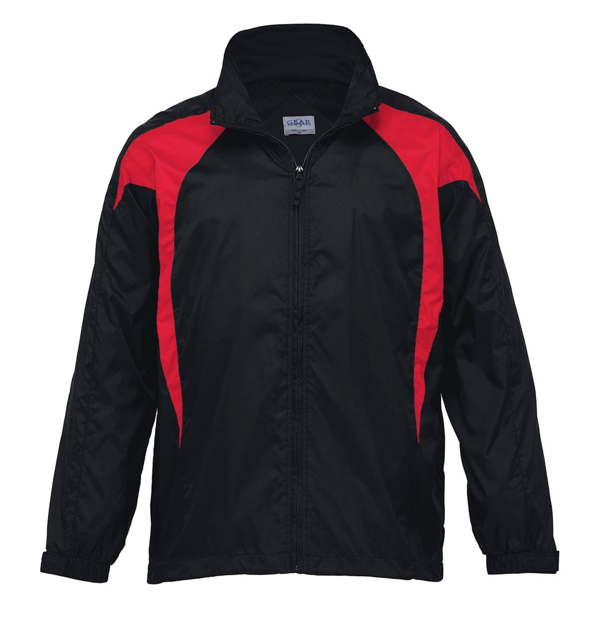 A black and red rain jacket with a zip front and a logo on the chest.
