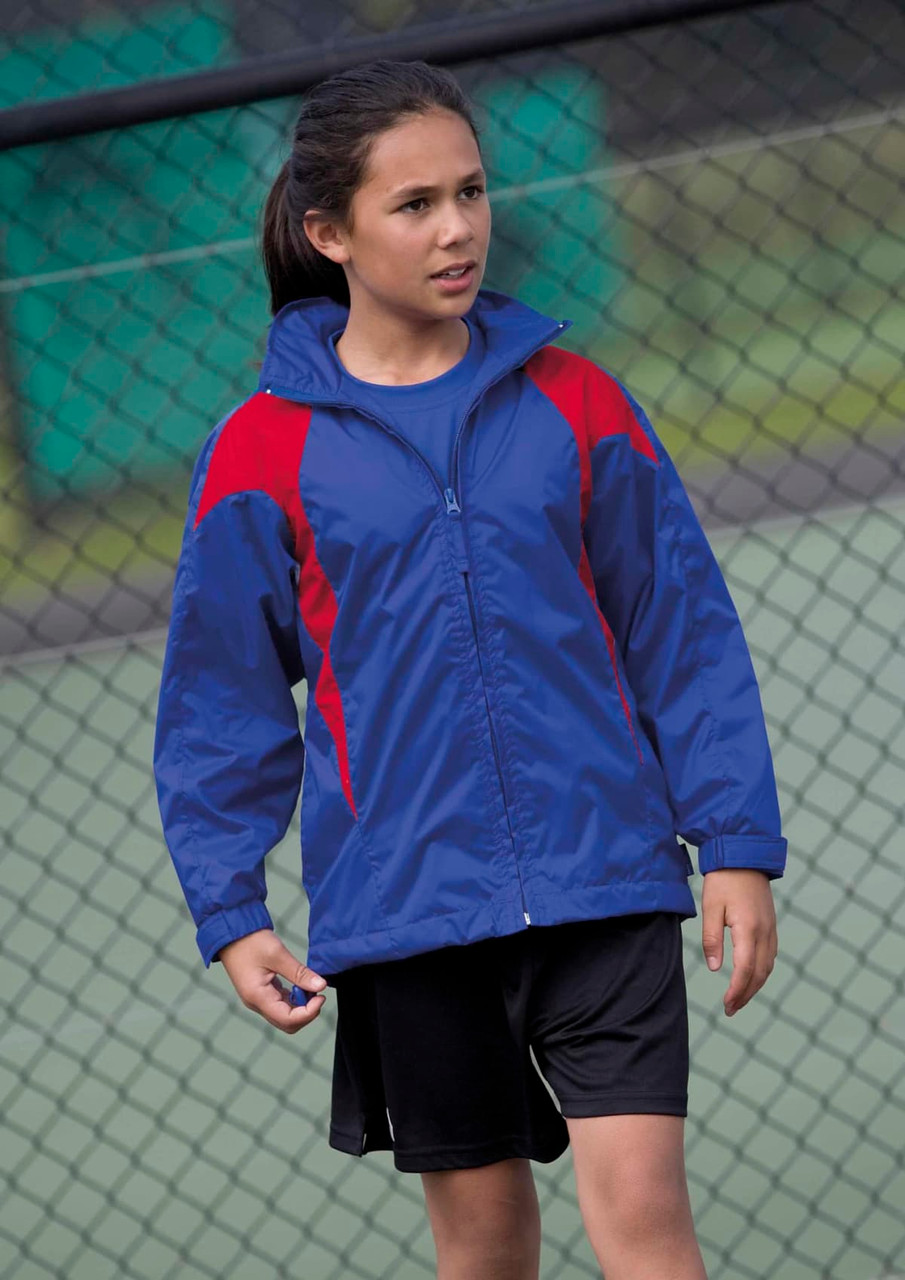 A blue jacket with red accents, featuring a front zip and a casual style, worn by a girl on a sports court.