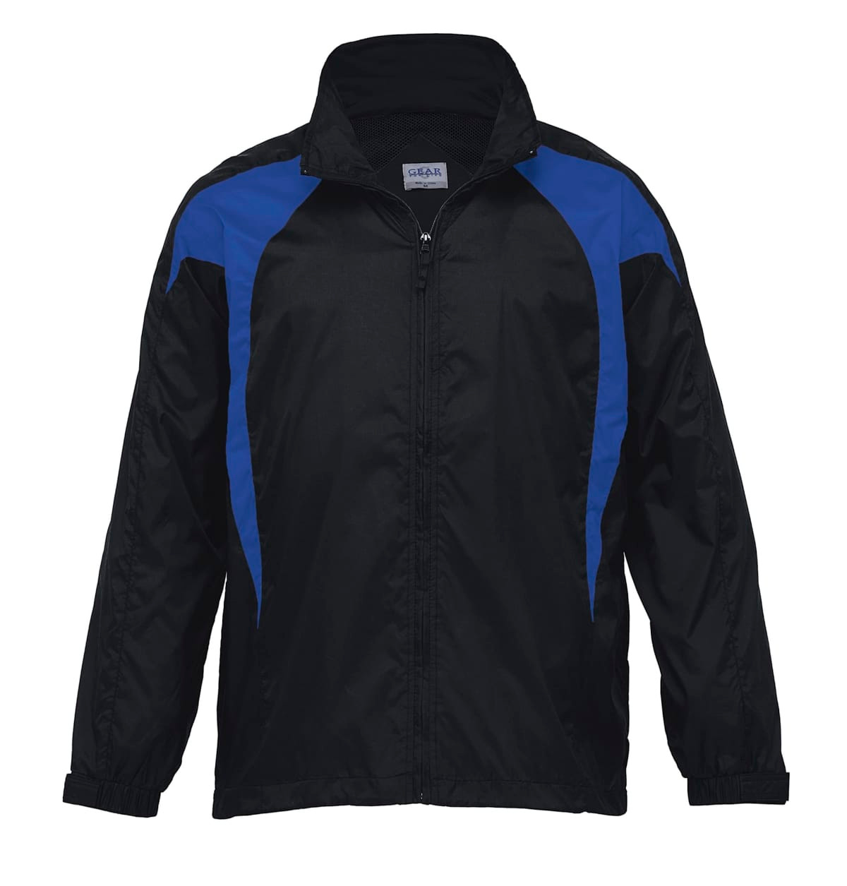 A black jacket with blue spliced panels, featuring a front zip and a logo.