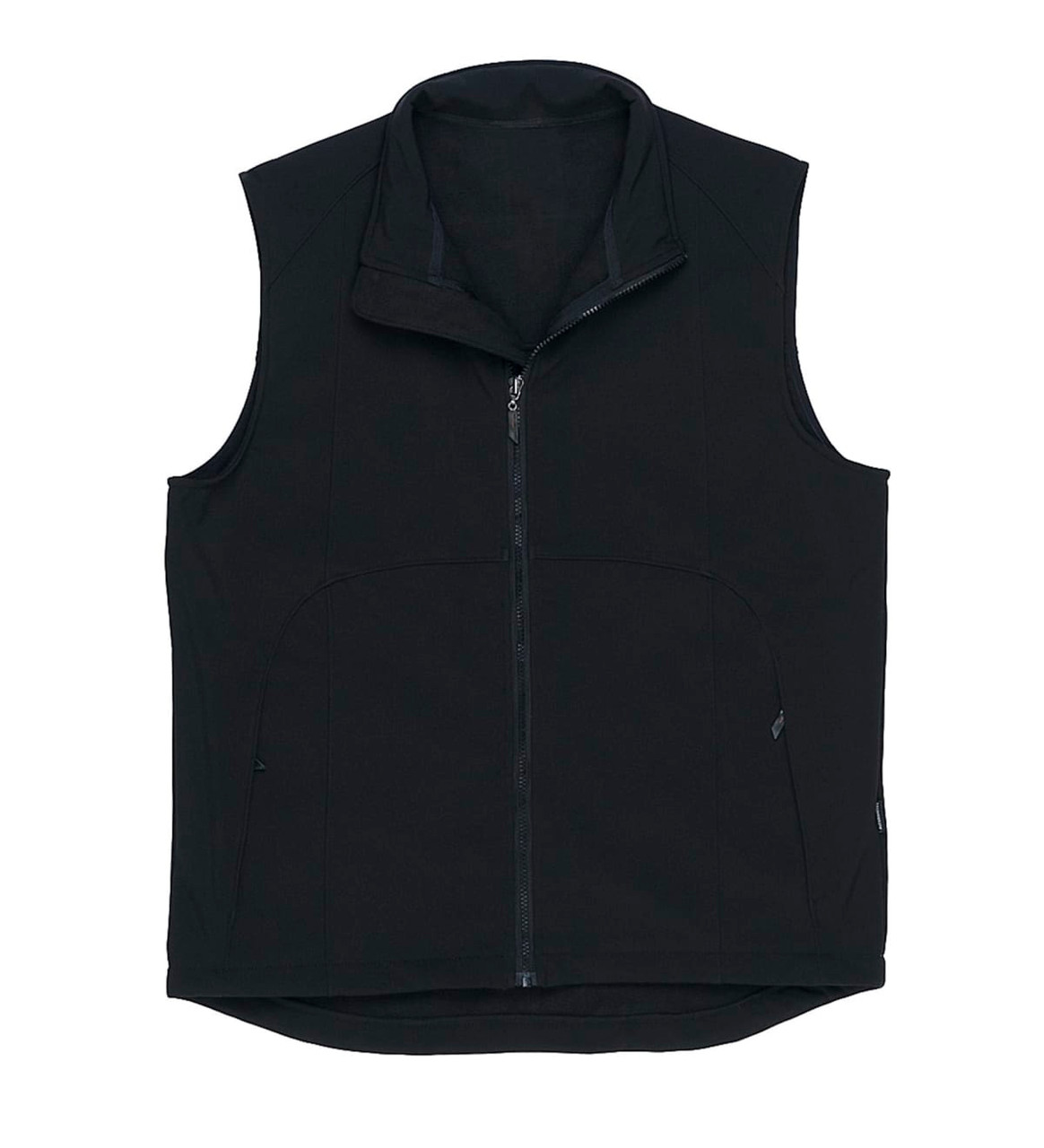A black soft shell vest featuring a high collar and a front zip, with side pockets and a logo present.