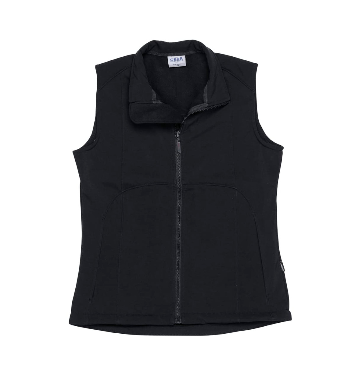 A black soft shell vest with a zip front and a high collar, featuring a logo on the side.