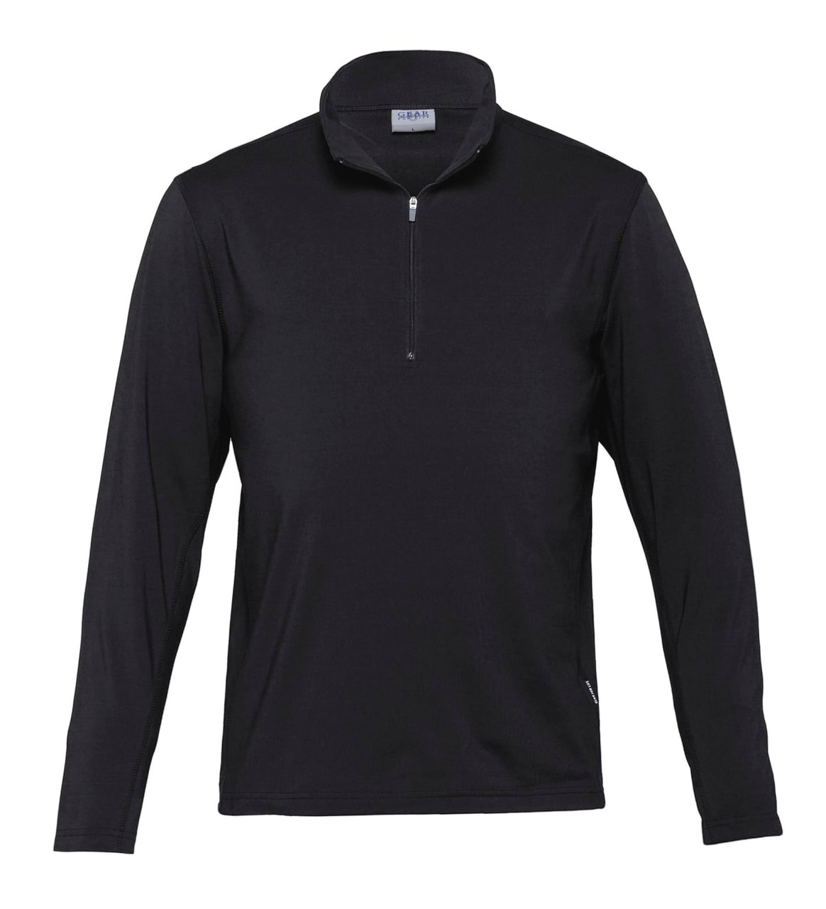 A black long-sleeve shirt with a quarter zip and a logo on the collar area.
