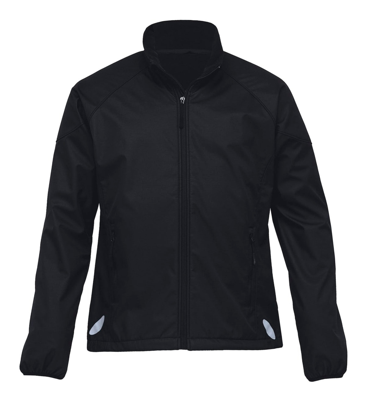 A black soft shell jacket with a zip front and a collar, featuring a logo on the sleeve.