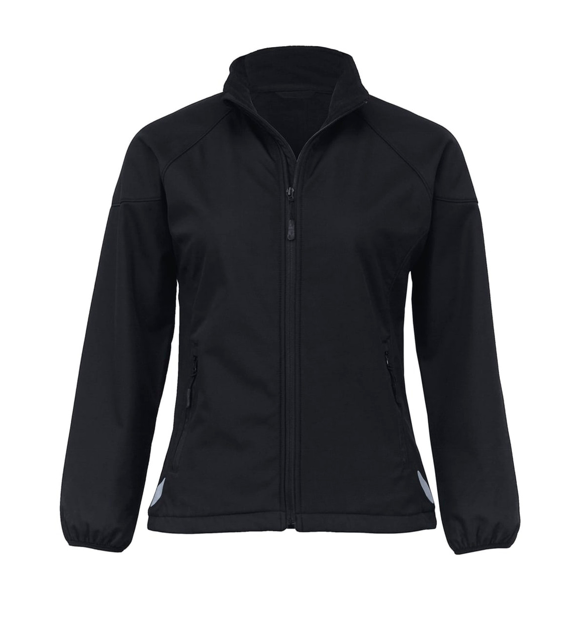 A soft shell jacket in black with a zip front and side pockets, featuring elasticised cuffs and a collar.