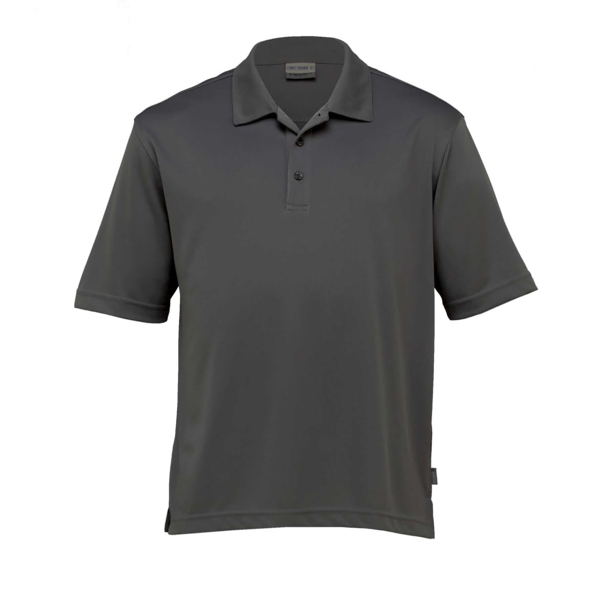 A grey women's polo shirt with a collar and short sleeves, featuring a logo on the side.