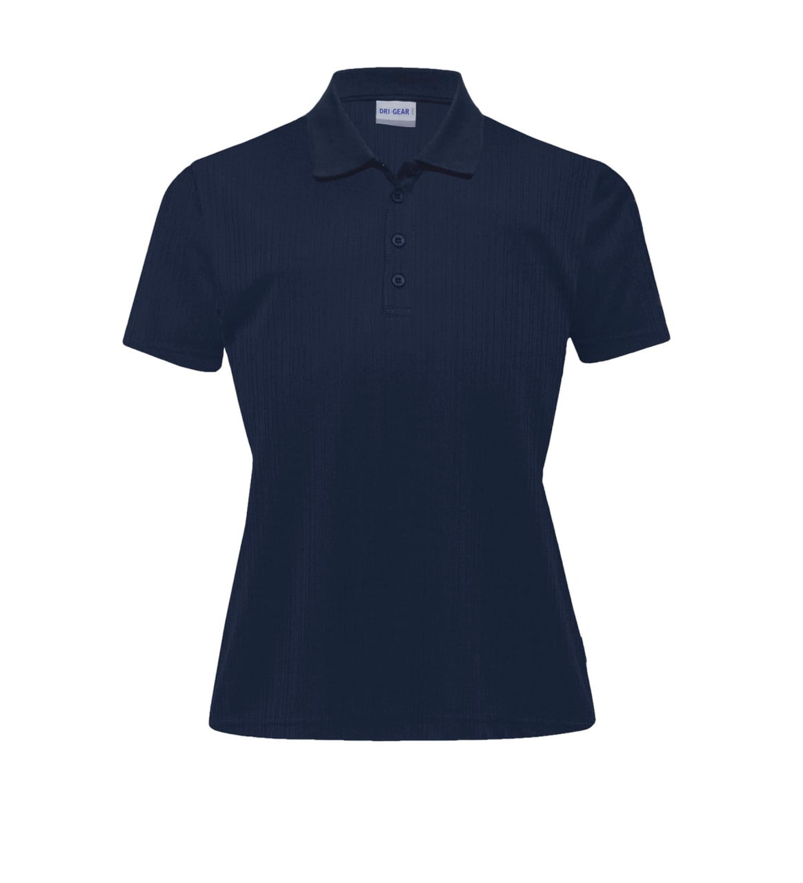 Navy blue women's polo shirt with a collar, three buttons, and a branding logo.