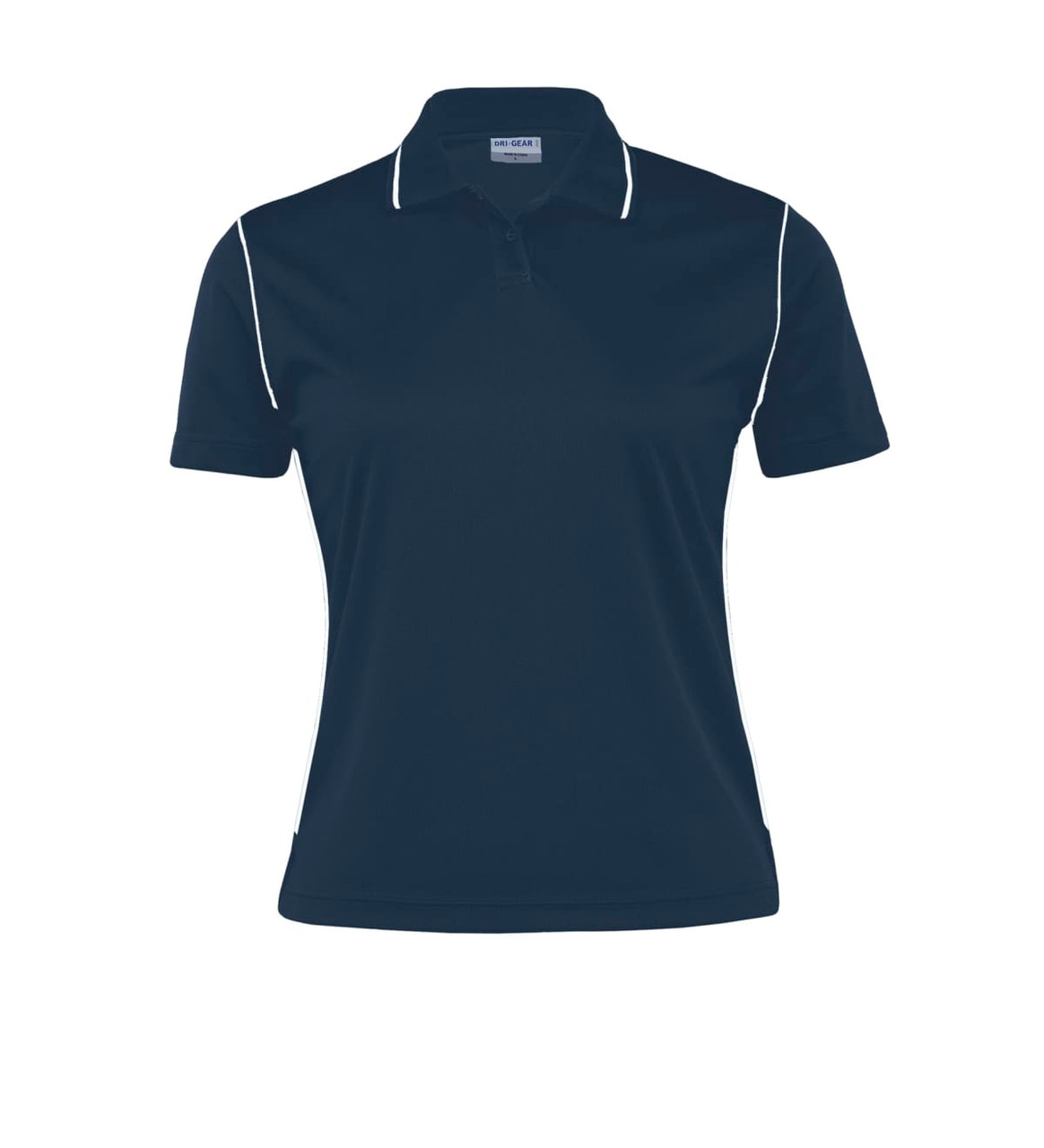 A women's navy polo shirt featuring white piping and a logo on the chest.