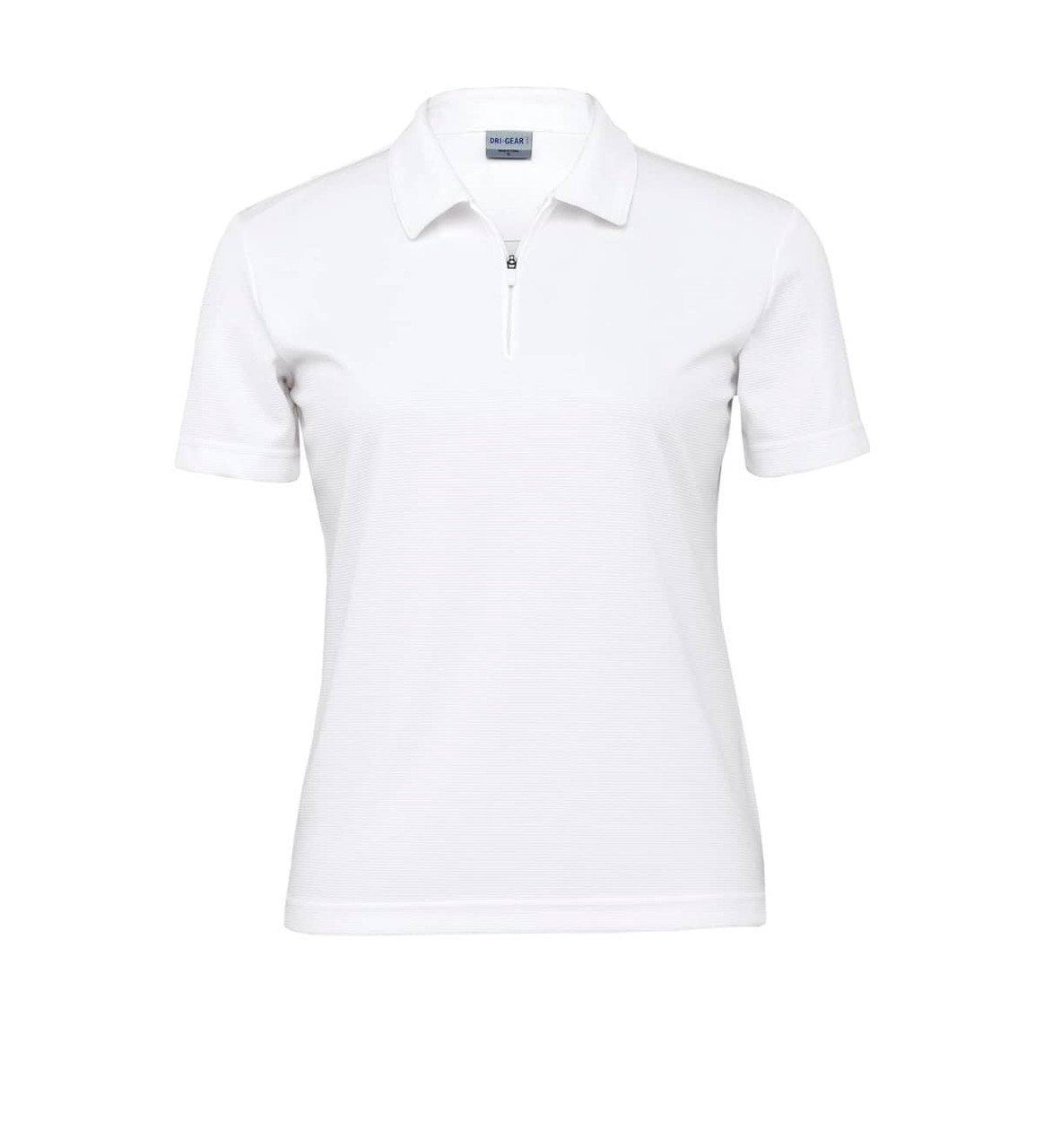 A white women's polo shirt featuring a zip collar and short sleeves, with a logo on the chest.