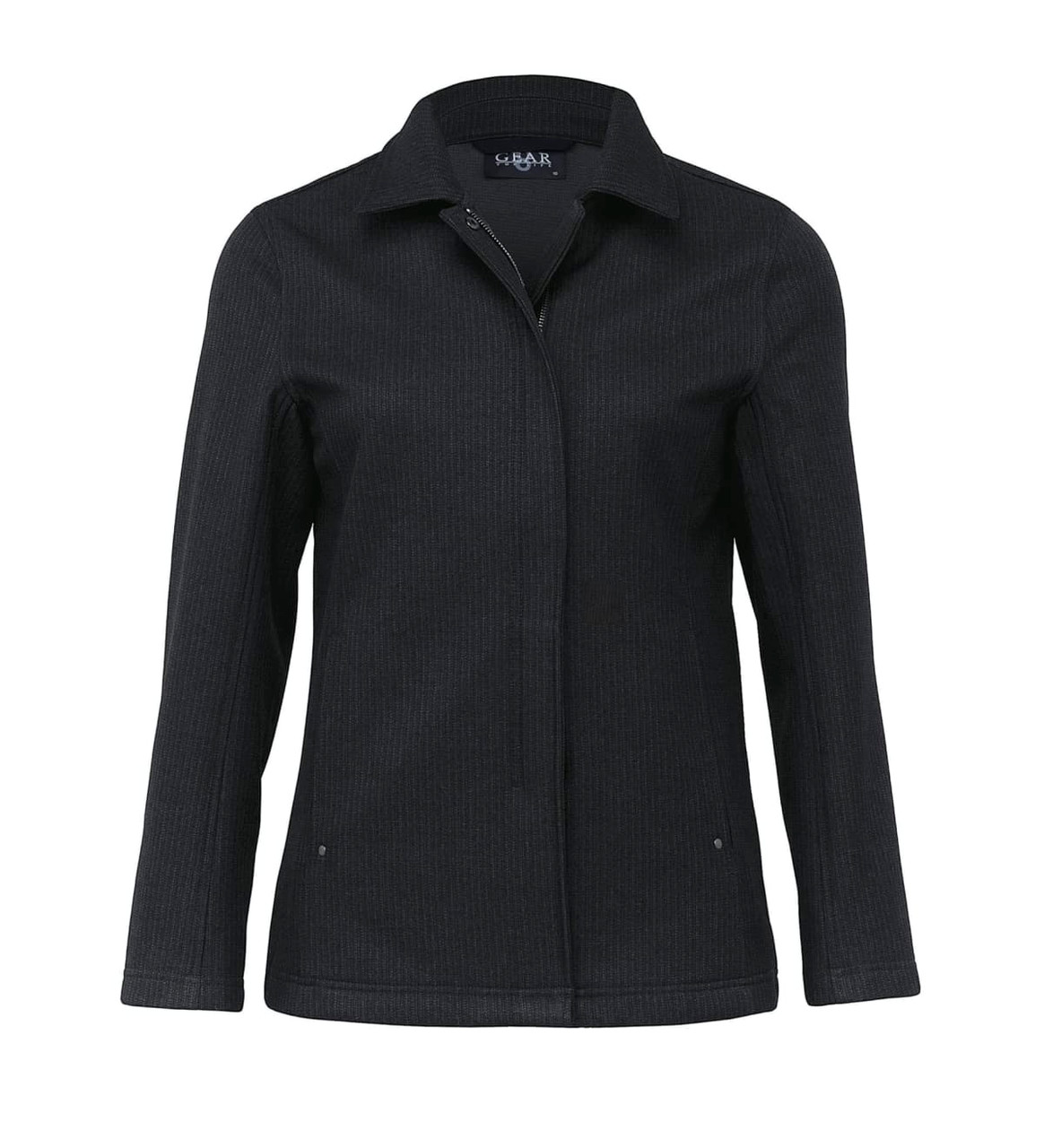 A black soft shell jacket for women featuring a zip front and a collar. Includes a logo on the design.
