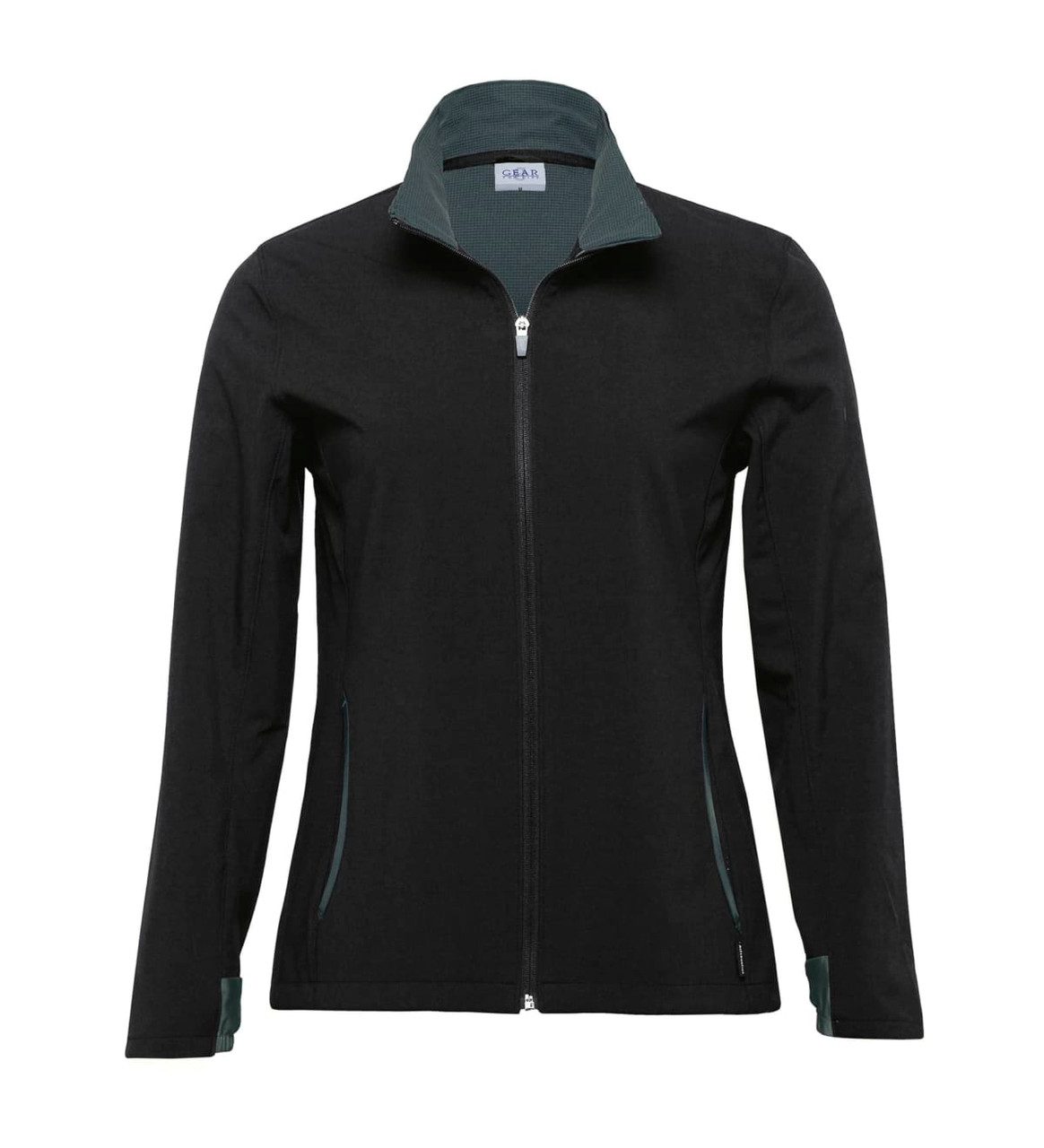 A women's soft shell jacket in black with green accents, featuring a zip front and two side pockets.