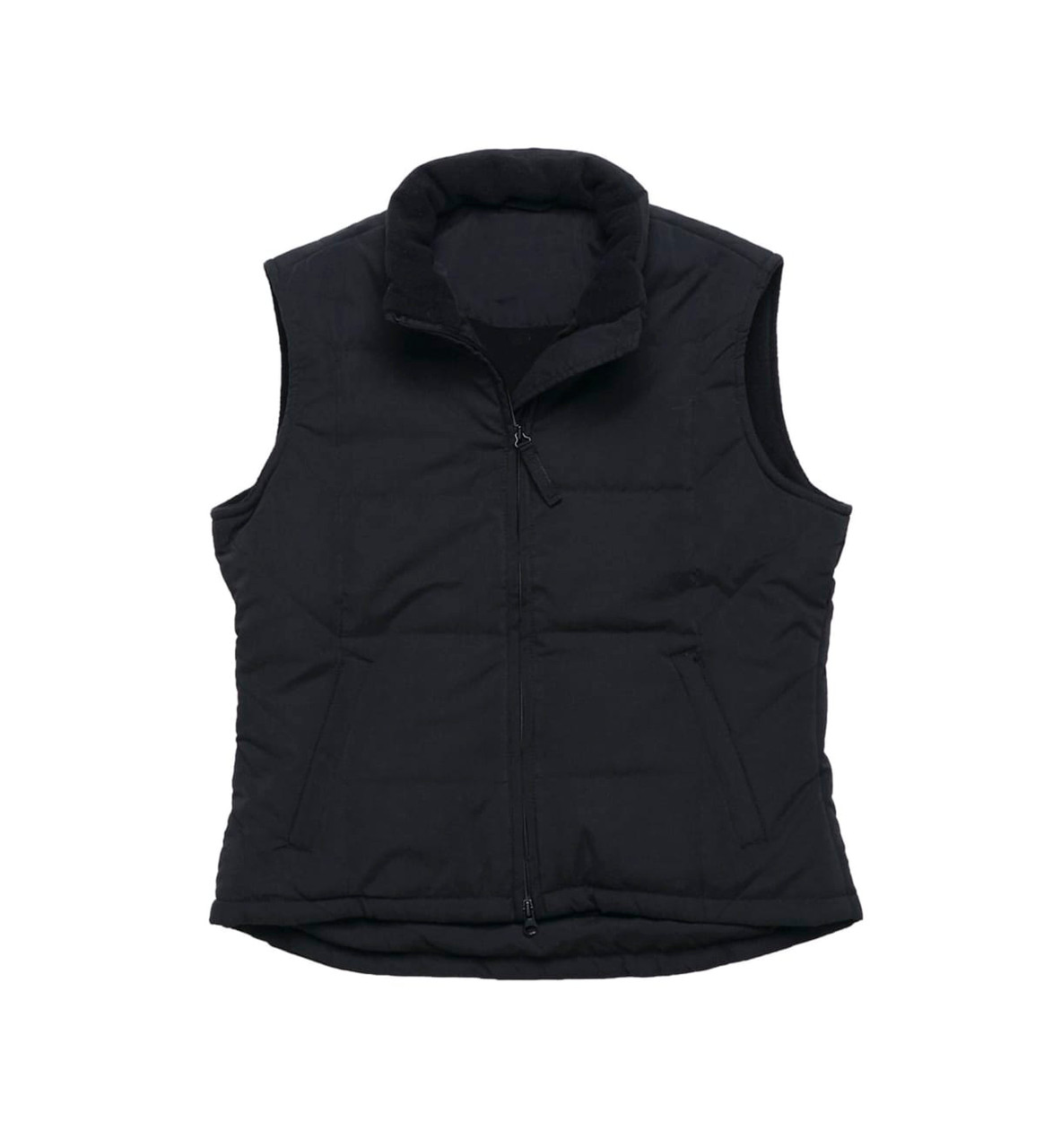 A black women's vest with a zip front and high collar, featuring a logo. Ideal for layering in cooler weather.