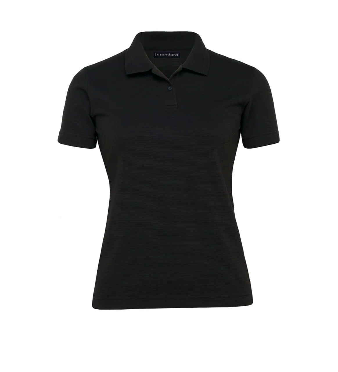A women's black Jacquard Ottoman Bali polo shirt with a classic collar and short sleeves. It features branding.