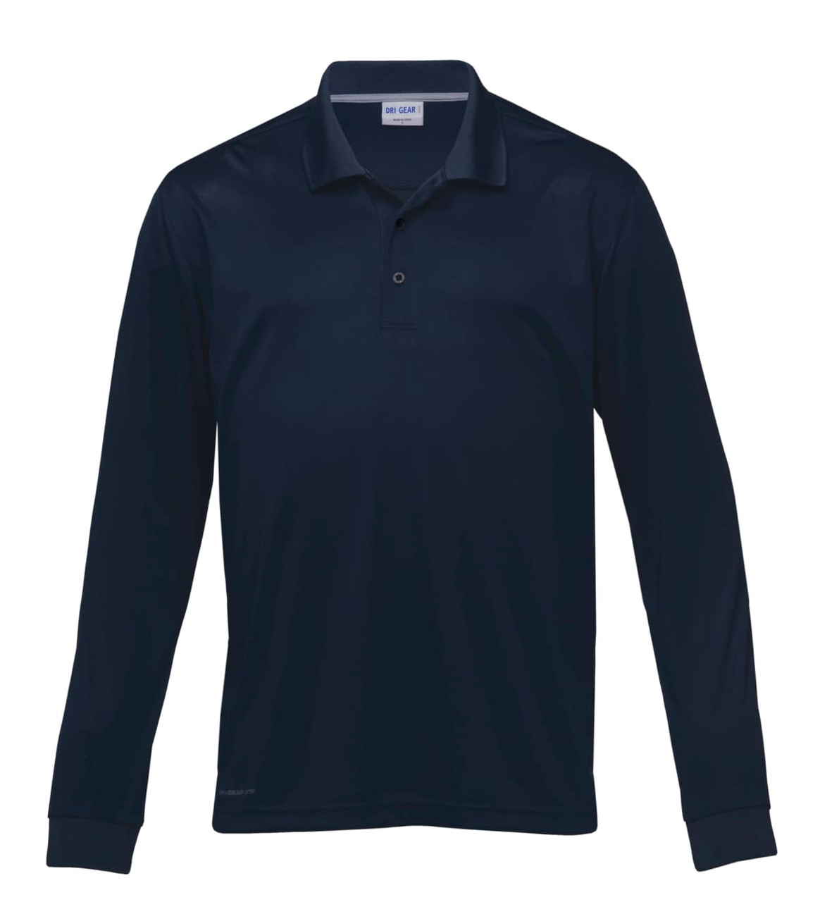 A navy long sleeve polo shirt featuring a collar and a logo on the front.