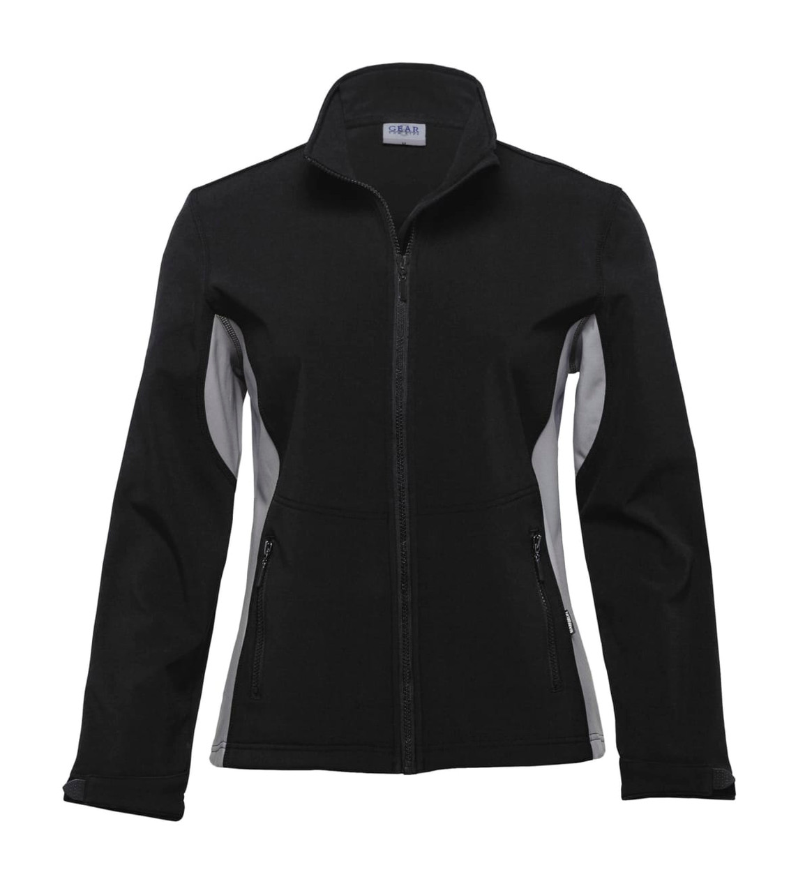 A women's soft shell jacket in black with grey side panels, featuring a full front zipper and two pockets.